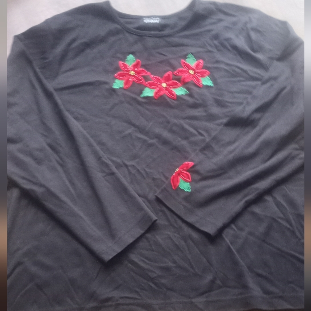 Designers Originals Black Long Sleeve Top with Red Floral Poinsetta Embroidery